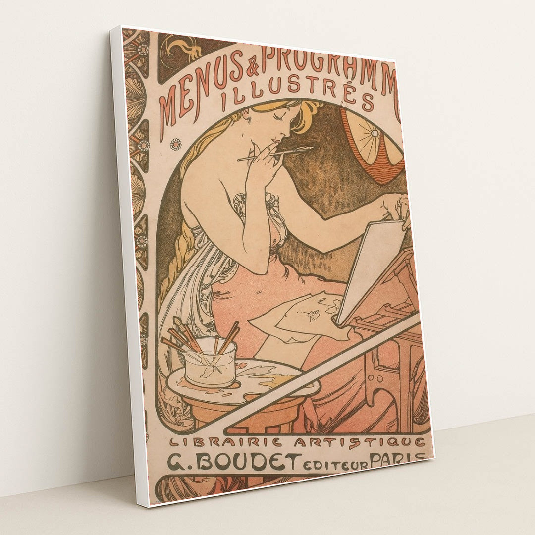 Les Menus and Programmes Illustres by Alphonse Mucha - White Frame Stretchiez