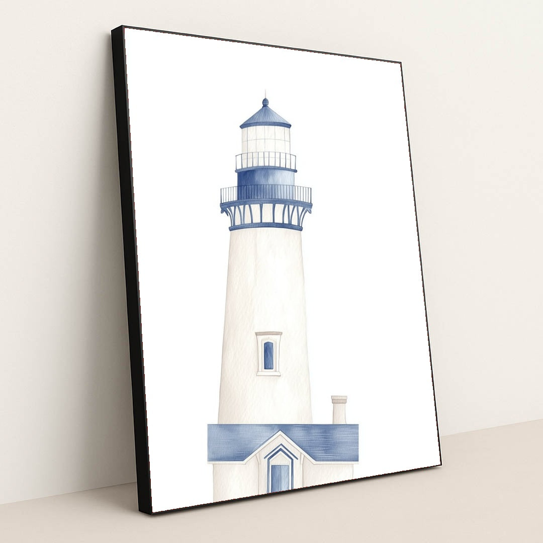 Coastal Charm artwork features a minimalist blue and white lighthouse with subtle shading, displayed in a black frame.