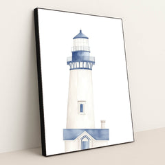 Coastal Charm artwork features a minimalist blue and white lighthouse with subtle shading, displayed in a black frame.