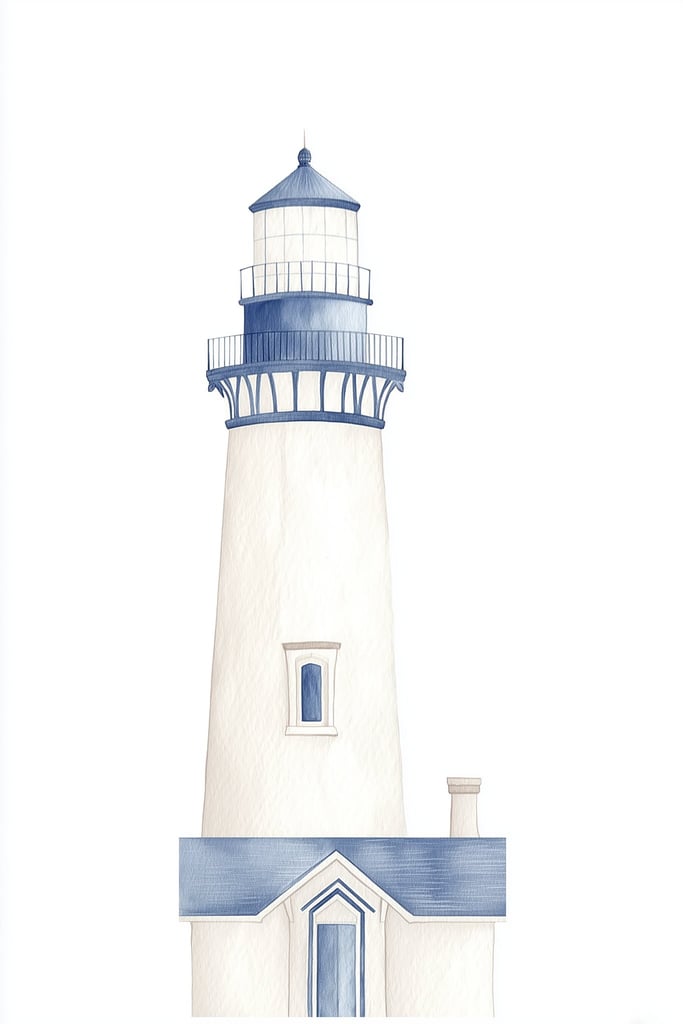 Coastal Charm artwork features a minimalist blue and white lighthouse with subtle shading.