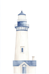 Coastal Charm artwork features a minimalist blue and white lighthouse with subtle shading.