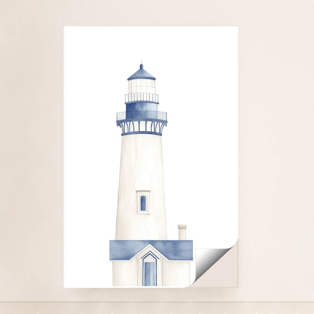Coastal Charm artwork features a minimalist blue and white lighthouse with subtle shading, shown in a unframed style.