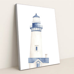 Coastal Charm artwork features a minimalist blue and white lighthouse with subtle shading, displayed in a silver frame.