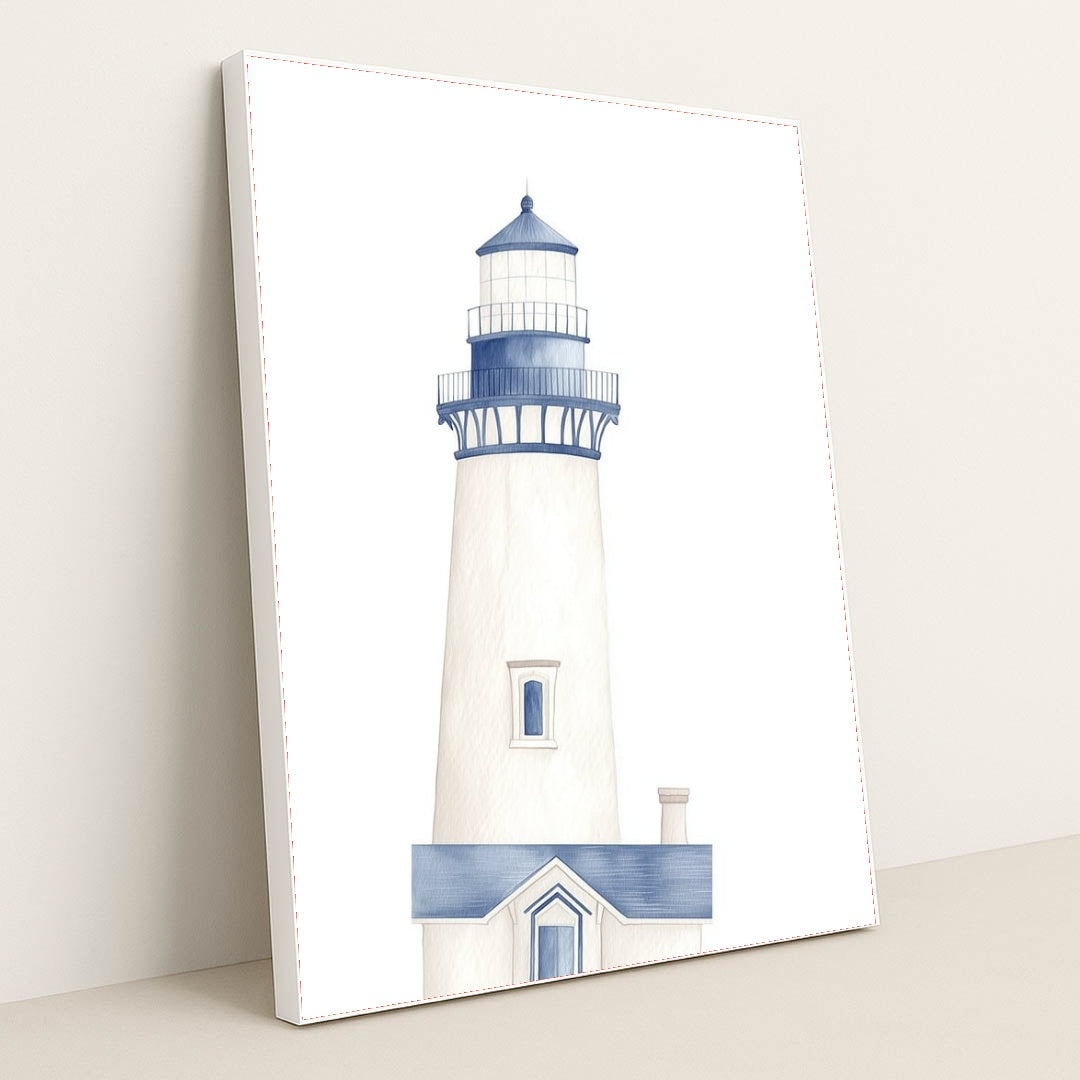 Coastal Charm artwork features a minimalist blue and white lighthouse with subtle shading, displayed in a white frame.