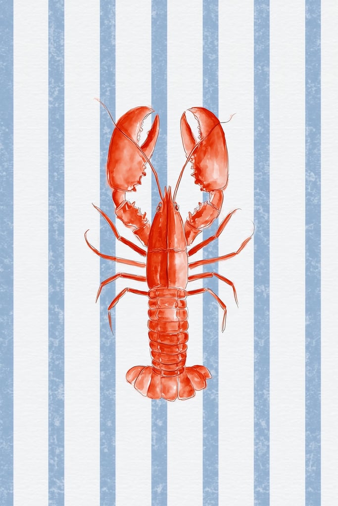 Coastal Crustacean Chic features a vibrant red lobster on a blue and white striped background