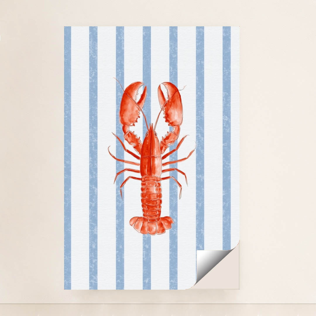 Coastal Crustacean Chic artwork features a vibrant red lobster on a blue and white striped background, shown in an unframed style.