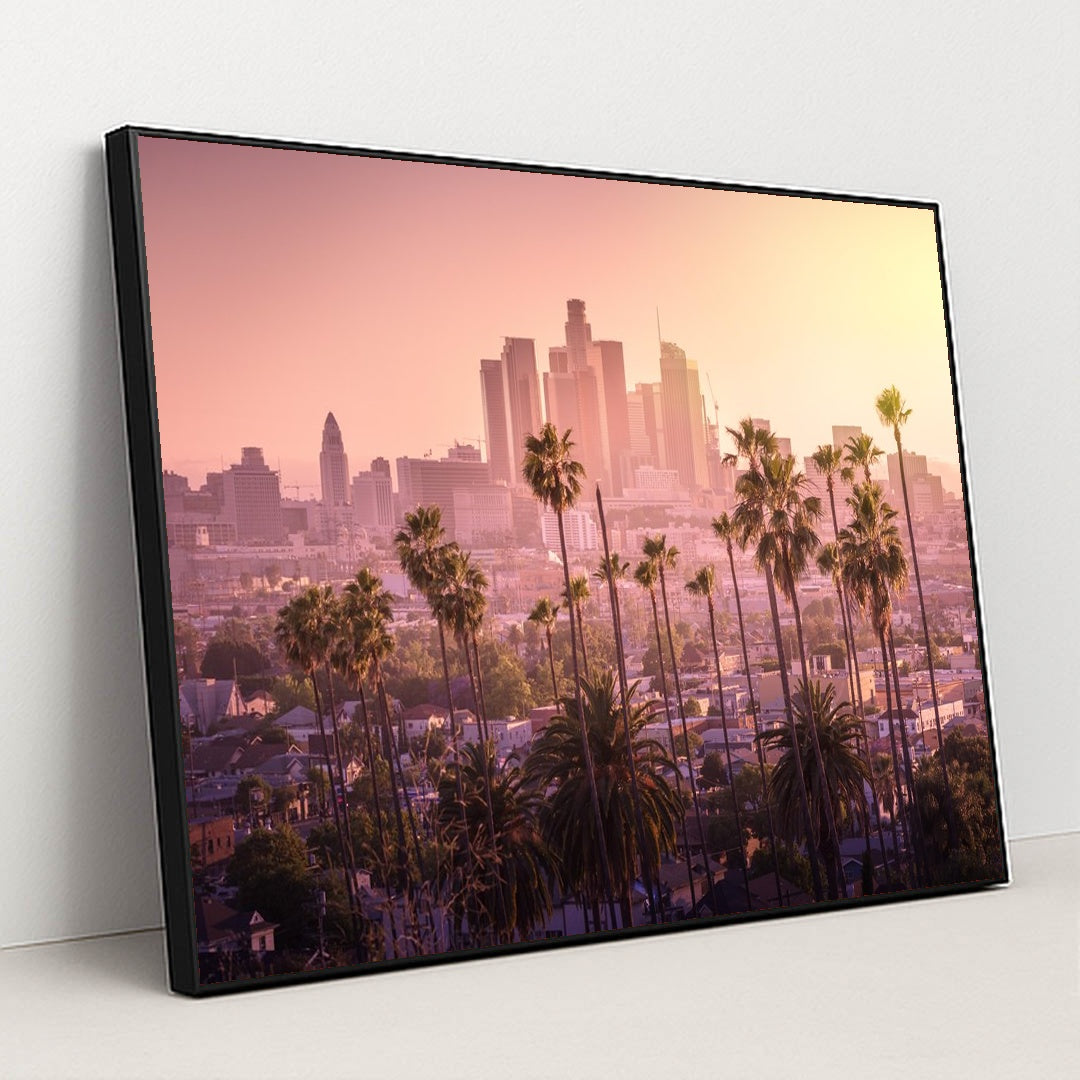 Sunset Over Downtown Los Angeles with Palm Trees by Anonymous - Black Frame Stretchiez