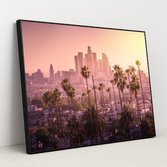 Sunset Over Downtown Los Angeles with Palm Trees by Anonymous - Black Frame Stretchiez