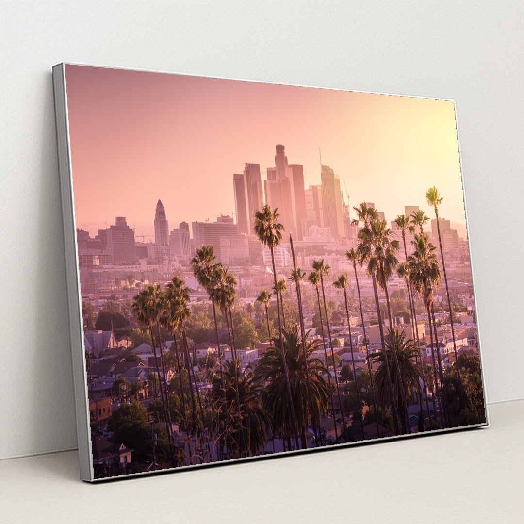 Sunset Over Downtown Los Angeles with Palm Trees by Anonymous - Silver Frame Stretchiez
