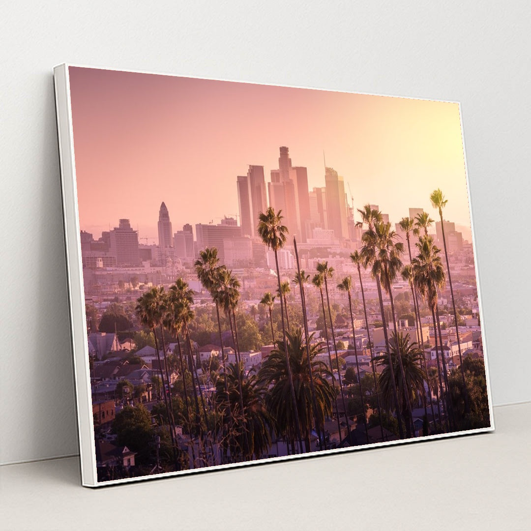 Sunset Over Downtown Los Angeles with Palm Trees by Anonymous - White Frame Stretchiez