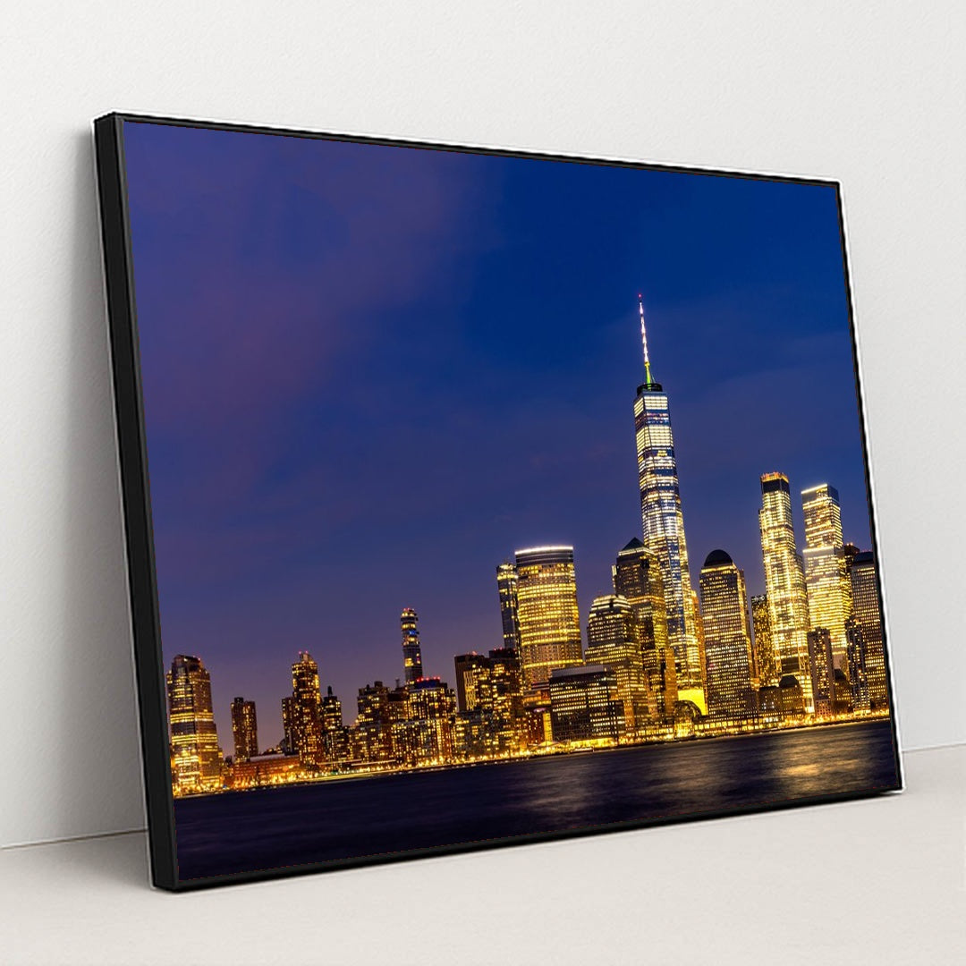 Stunning Lower Manhattan Skyline at Dusk from New Jersey by Anonymous - Black Frame Stretchiez