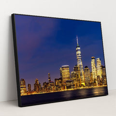 Stunning Lower Manhattan Skyline at Dusk from New Jersey by Anonymous - Black Frame Stretchiez