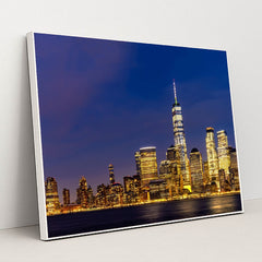 Stunning Lower Manhattan Skyline at Dusk from New Jersey by Anonymous - White Frame Stretchiez