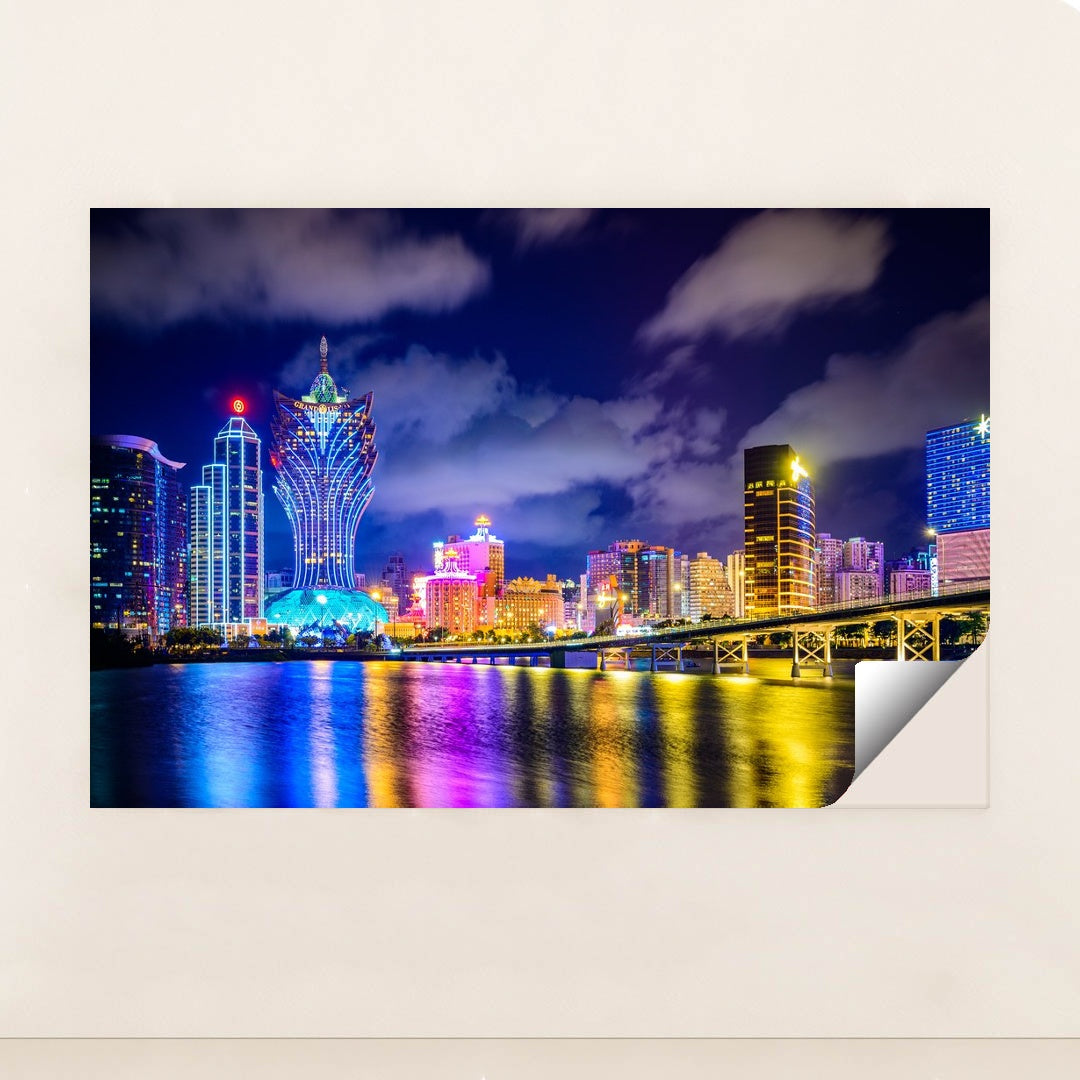 Vibrant Macau Cityscape Illuminated at Night by Anonymous - Peeliez
