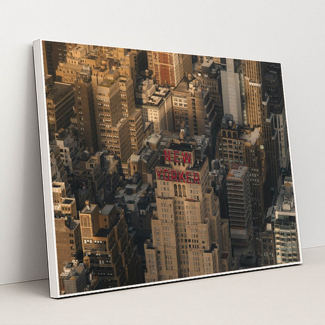 New Yorker Hotel in Manhattan Skyline by Ekam Juneja - White Frame Stretchiez