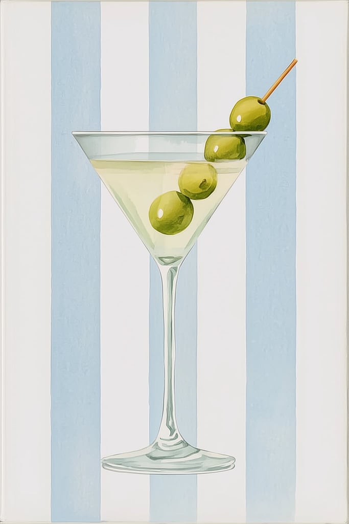 This artwork features a classic martini glass with three green olives against vertical blue and white stripes.