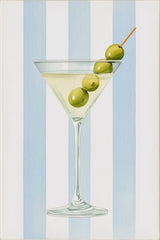 This artwork features a classic martini glass with three green olives against vertical blue and white stripes.