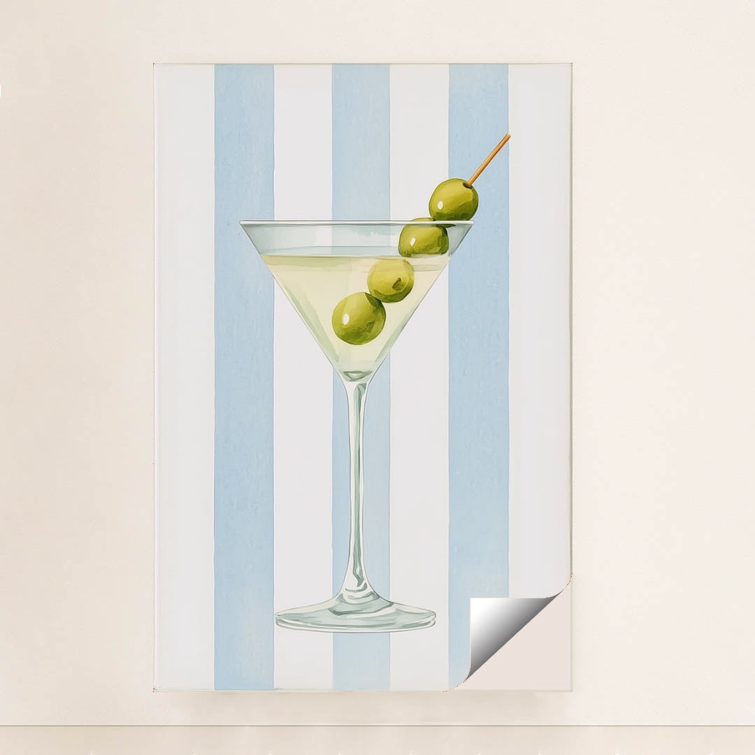 This artwork features a classic martini glass with three green olives against vertical blue and white stripes, unframed.