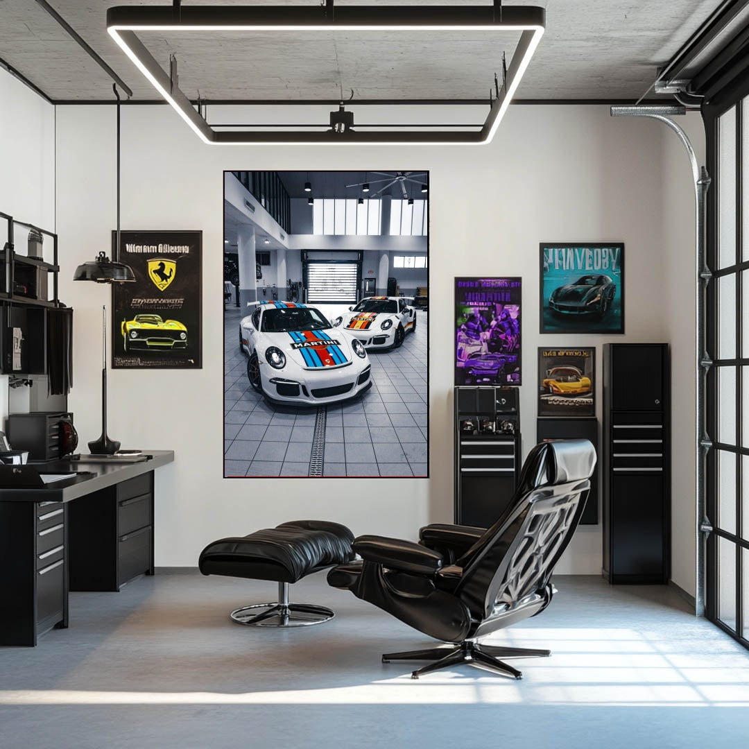 Duo Porsche 911 GT3 Icons in Martini Livery displayed in a modern workshop, featuring vibrant car wall art.