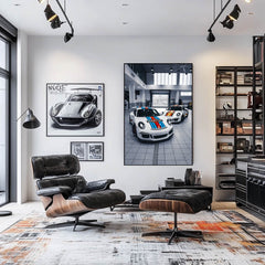 Duo Porsche 911 GT3 Icons in Martini Livery displayed in a stylish modern workshop with car wall art.