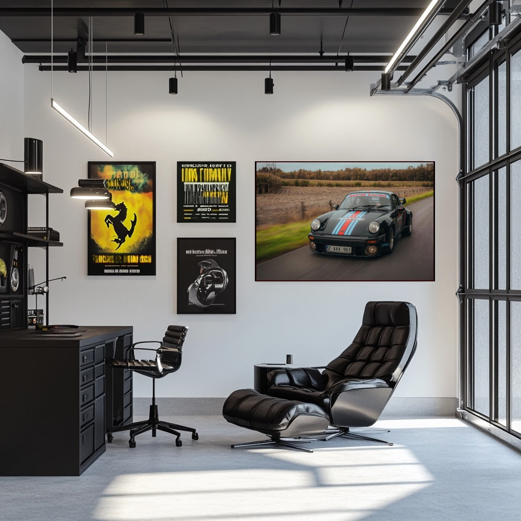 Martini Racing Porsche on Country Roads print displayed in a modern office beside a black swivel chair and stylish decor.