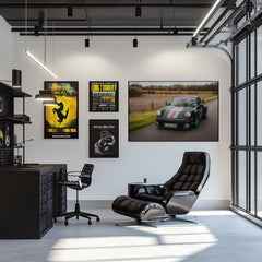 Martini Racing Porsche on Country Roads print displayed in a modern office beside a black swivel chair and stylish decor.
