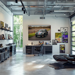 Martini Racing Porsche on Country Roads print displayed in a stylish office, highlighting car wall art and modern decor.