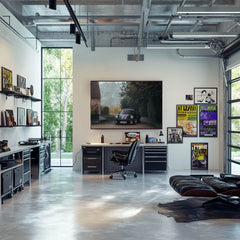 Classic 911 in Martini Colors wall art displayed in a modern office interior with sleek design and greenery outside.