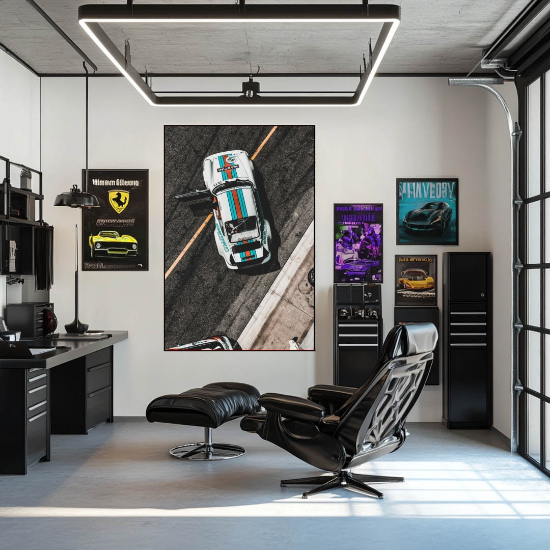 Porsche 911 in Tri-Tone Flair car wall art featuring vibrant colors in a stylish office setting.
