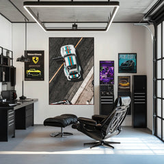 Porsche 911 in Tri-Tone Flair car wall art featuring vibrant colors in a stylish office setting.