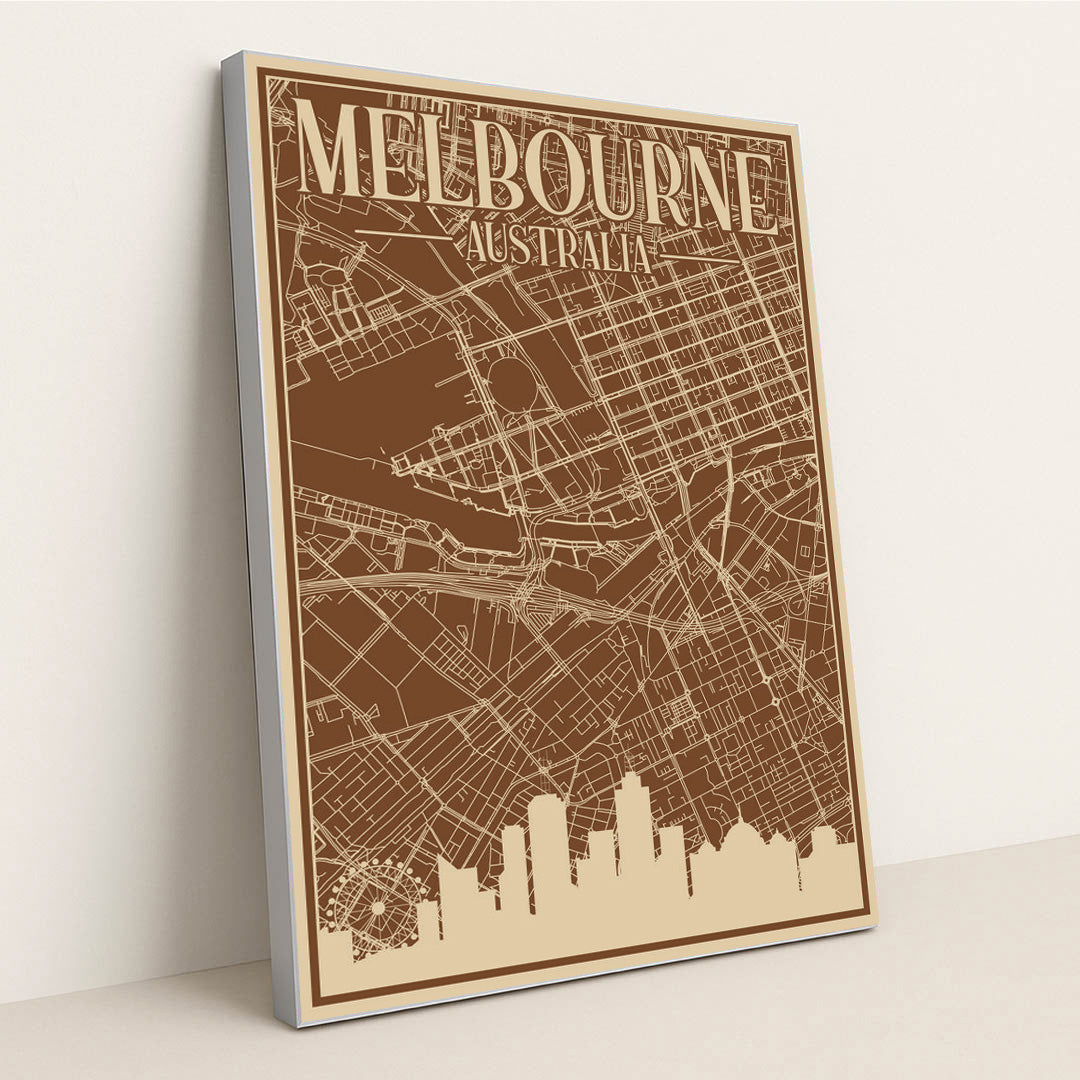 Melbourne Downtown Urban Blueprint Map by Anonymous - Silver Frame Stretchiez