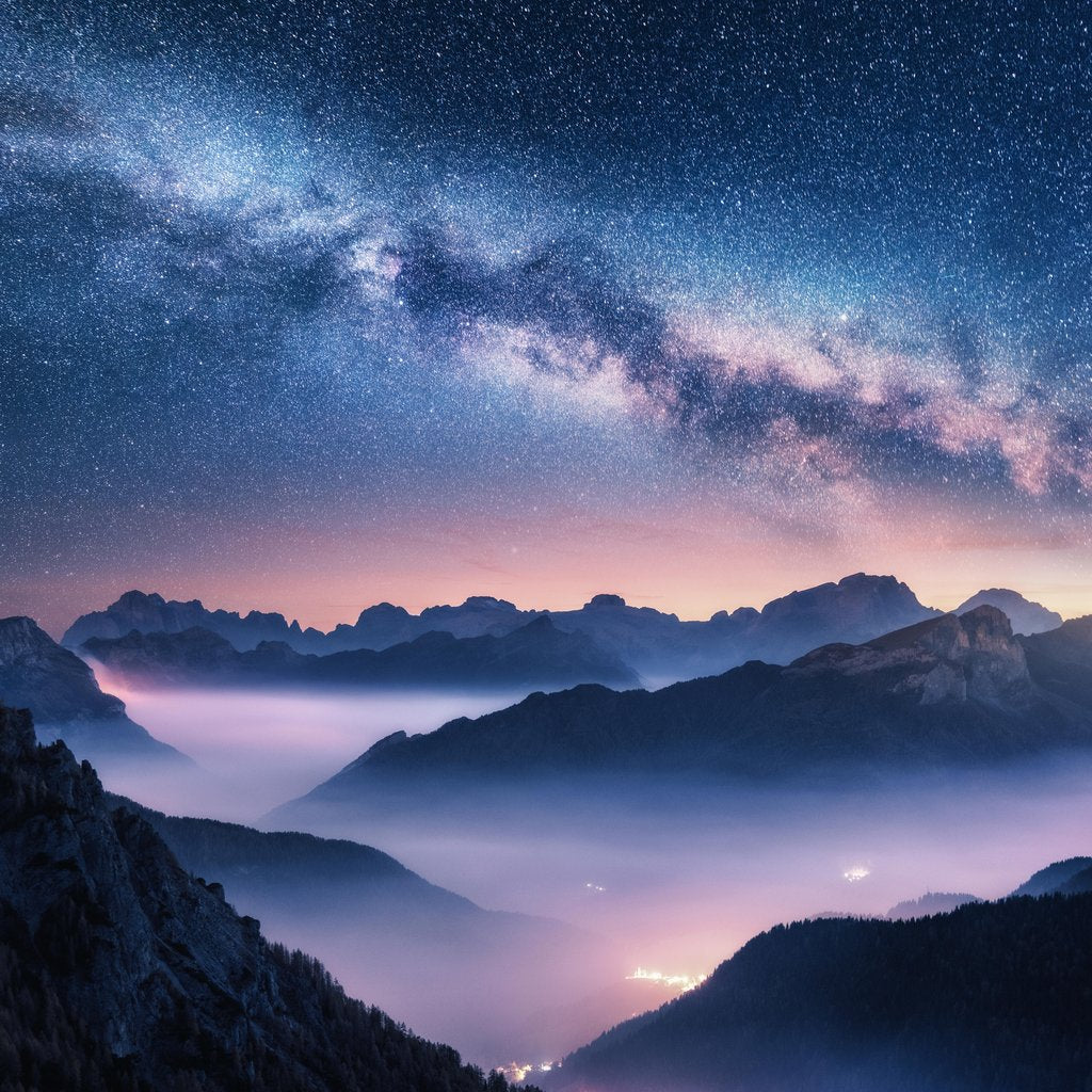 Stock Photos - Milky Way over mountains in fog at night in summer. Landscape with foggy alpine mountain valley, purple low clouds, colorful starry sky with milky way, city illumination. Dolomites, Italy. Space