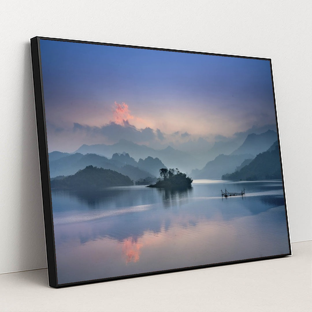 Misty Sunrise Over Tranquil Lake by Quang Nguyen Vinh - Black Frame Stretchiez