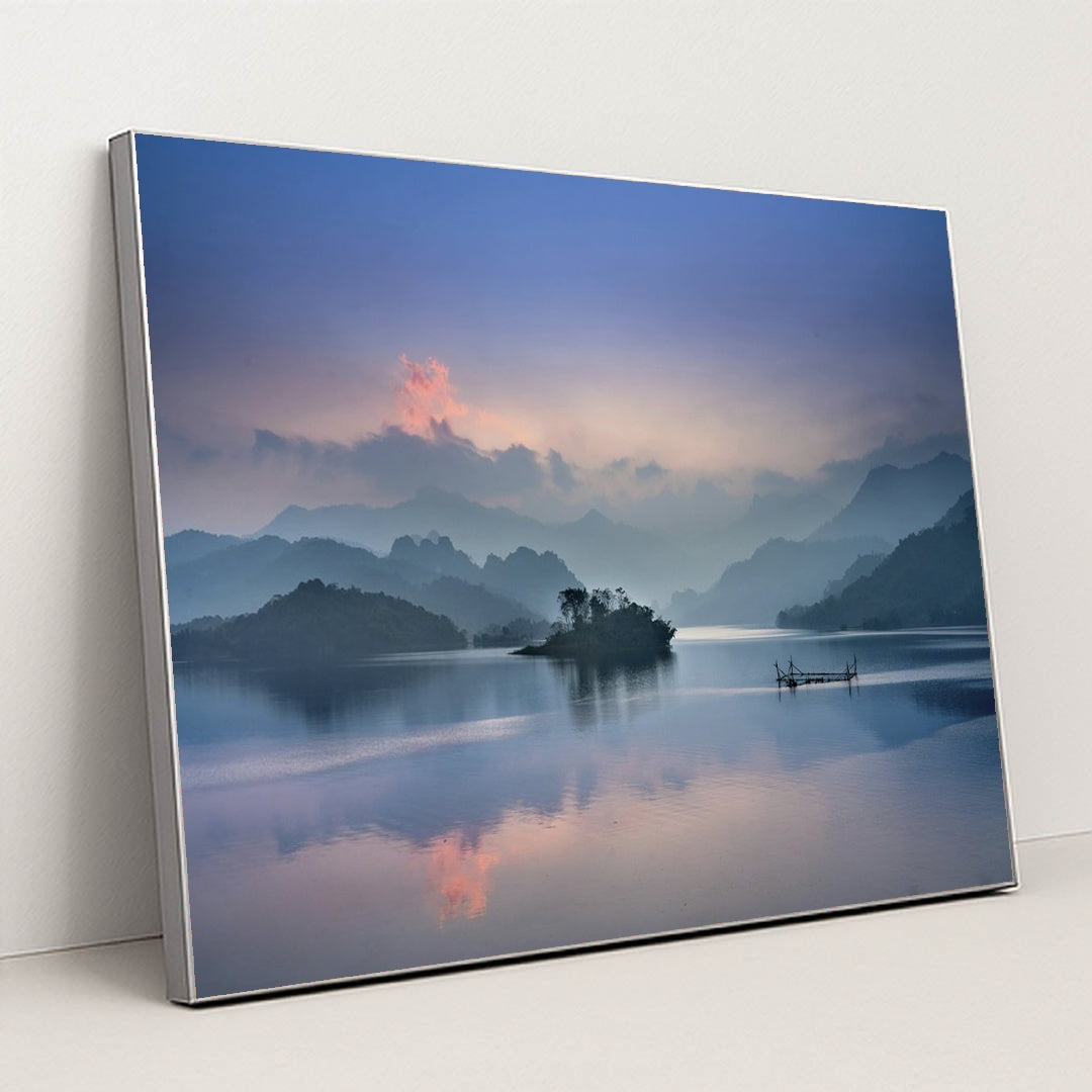Misty Sunrise Over Tranquil Lake by Quang Nguyen Vinh - Silver Frame Stretchiez