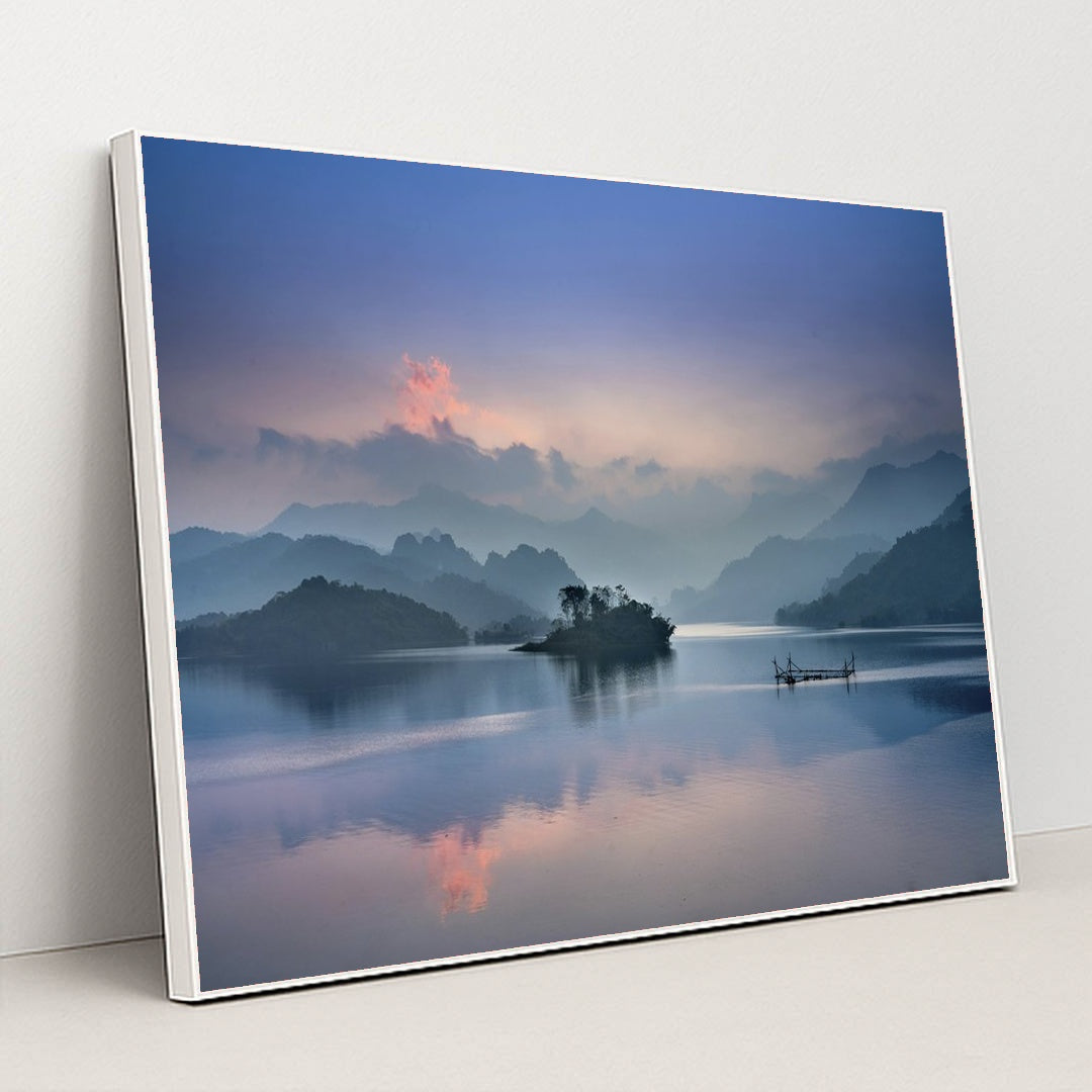 Misty Sunrise Over Tranquil Lake by Quang Nguyen Vinh - White Frame Stretchiez
