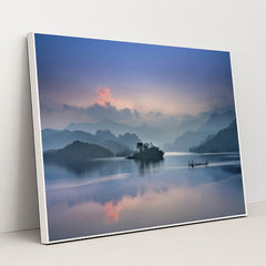 Misty Sunrise Over Tranquil Lake by Quang Nguyen Vinh - White Frame Stretchiez