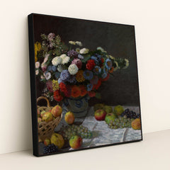 Still Life with Flowers and Fruit (1869) by Claude Monet - Black Frame Stretchiez