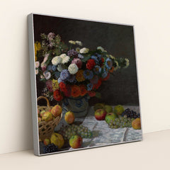 Still Life with Flowers and Fruit (1869) by Claude Monet - Silver Frame Stretchiez