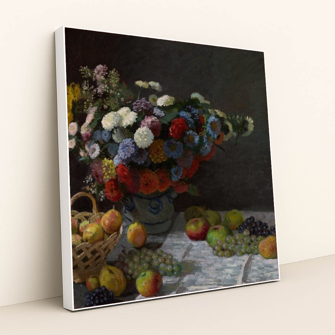 Still Life with Flowers and Fruit (1869) by Claude Monet - White Frame Stretchiez