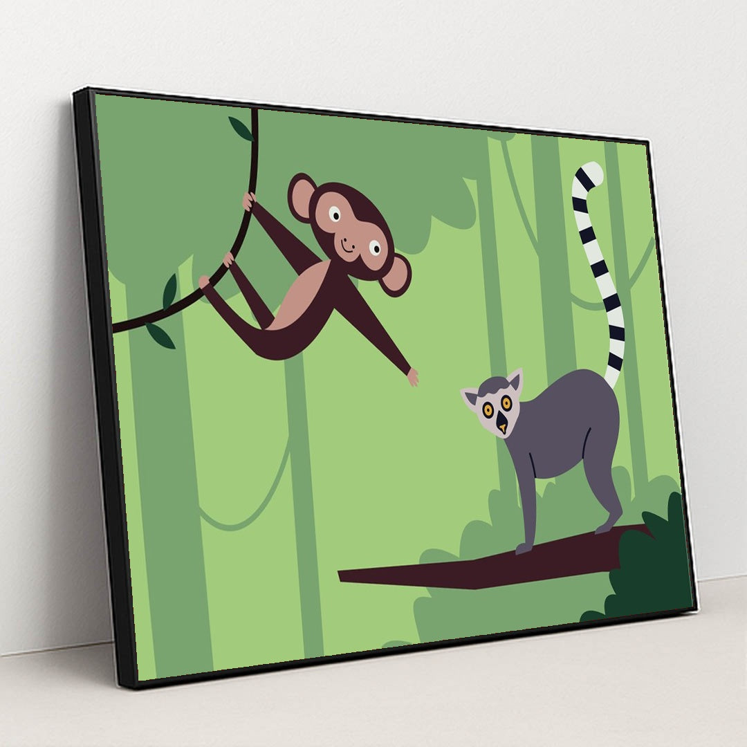 Monkey and Lemur in a Tree by Andania Humaira - Black Frame Stretchiez