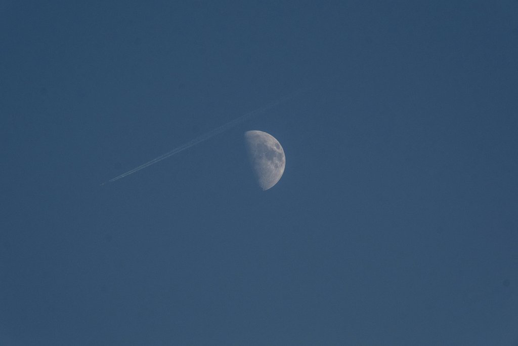 Doğan Alpaslan  Demir - Half moon and airplane contrail in a clear blue sky captured in daylight.