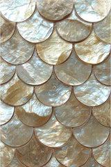 This artwork shows scalloped gold and pearl tiles in an overlapping scale pattern.