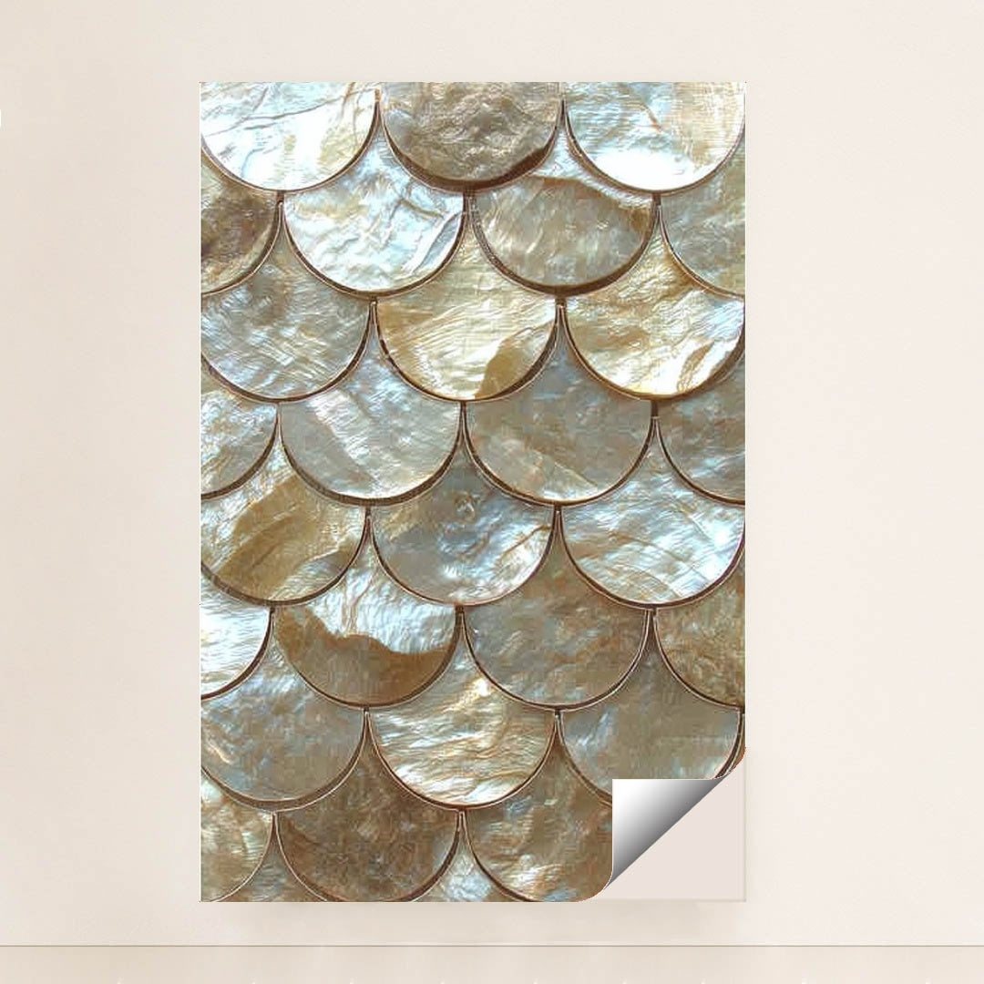 This artwork shows scalloped gold and pearl tiles in an overlapping scale pattern, unframed.