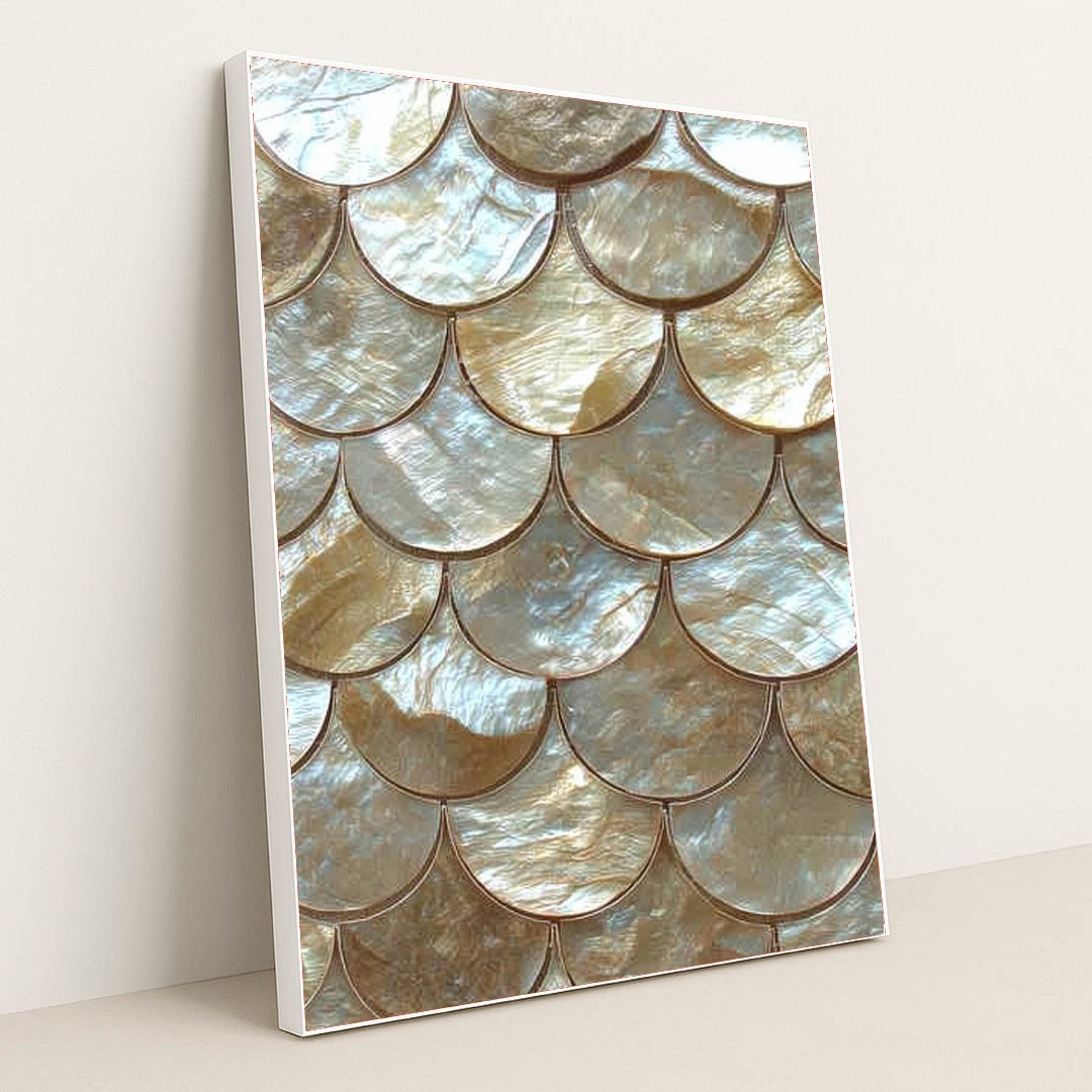 This artwork shows scalloped gold and pearl tiles in an overlapping scale pattern, in a white frame.