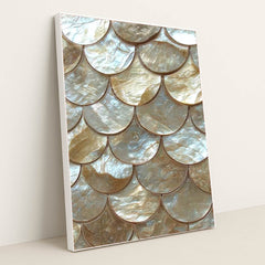 This artwork shows scalloped gold and pearl tiles in an overlapping scale pattern, in a white frame.