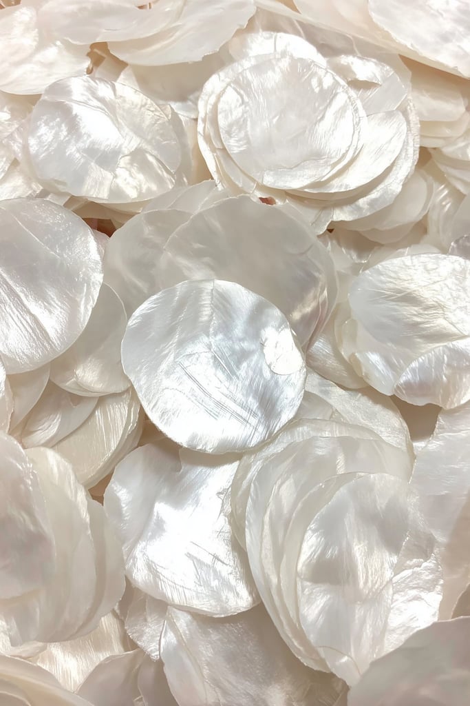 This artwork shows glossy, layered white capiz shells in soft light.