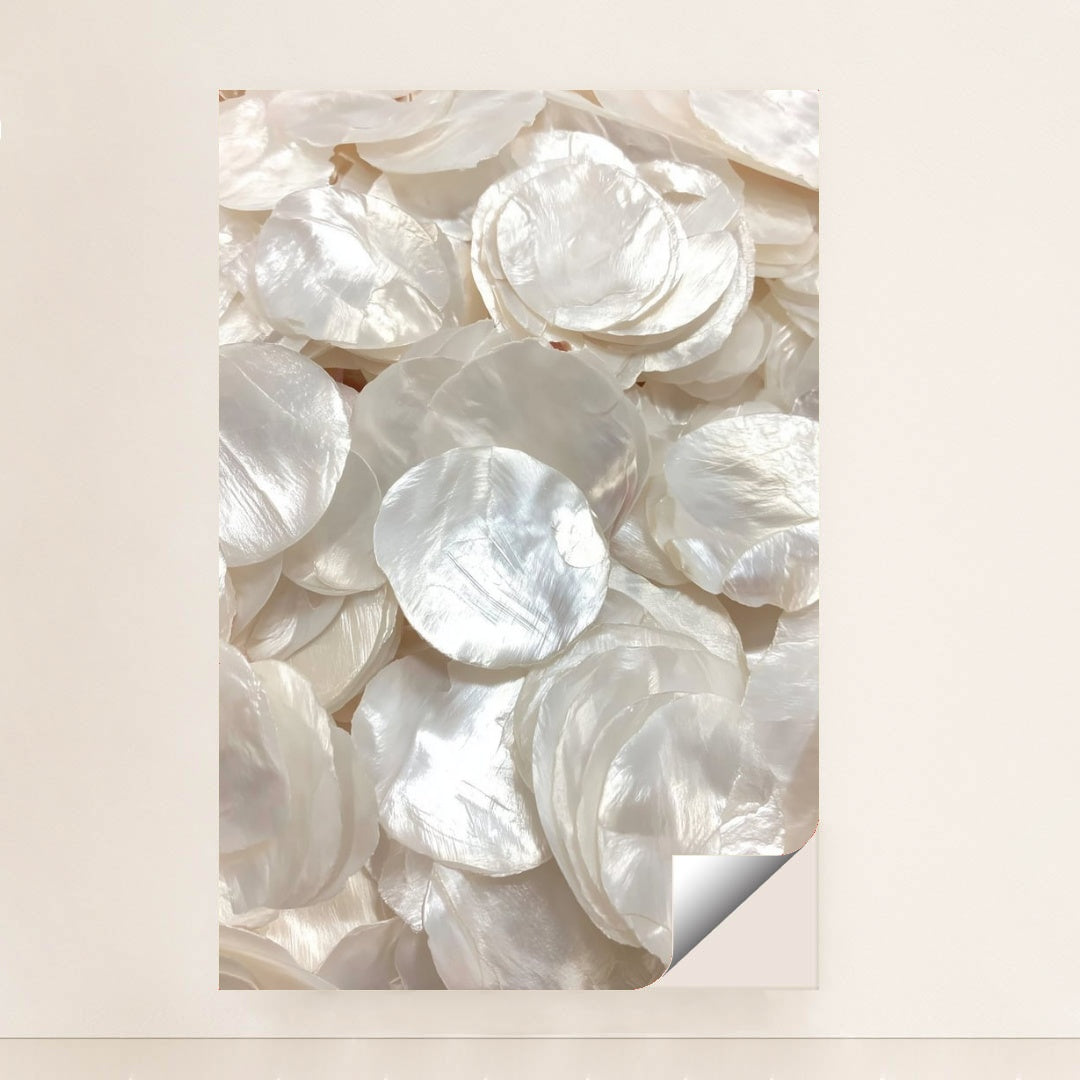 This artwork shows glossy, layered white capiz shells in soft light, unframed.