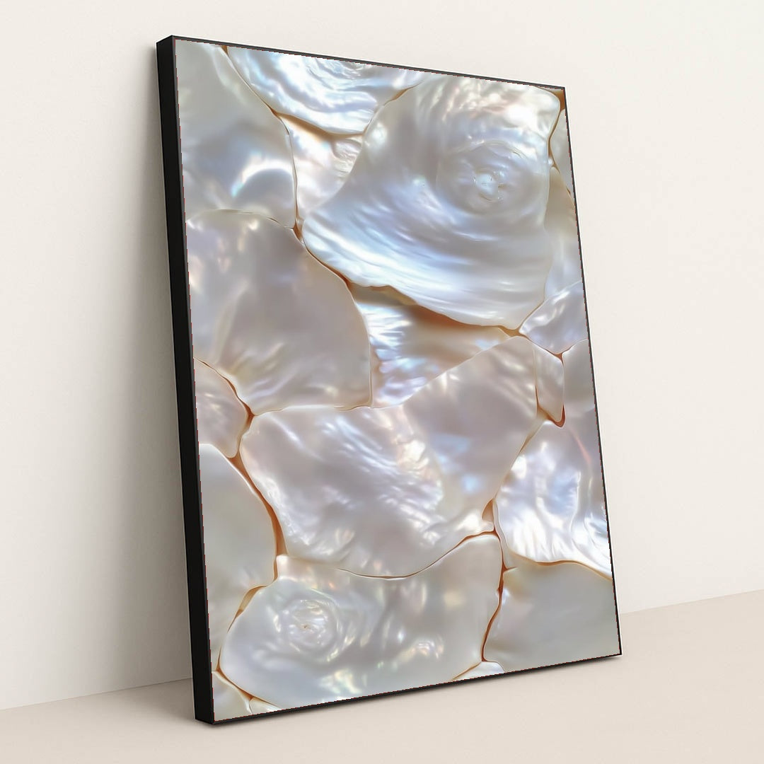 Opalescent Whispers wall art featuring iridescent mother-of-pearl textures for coastal decor in in black frame.