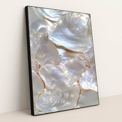 Opalescent Whispers wall art featuring iridescent mother-of-pearl textures for coastal decor in in black frame.