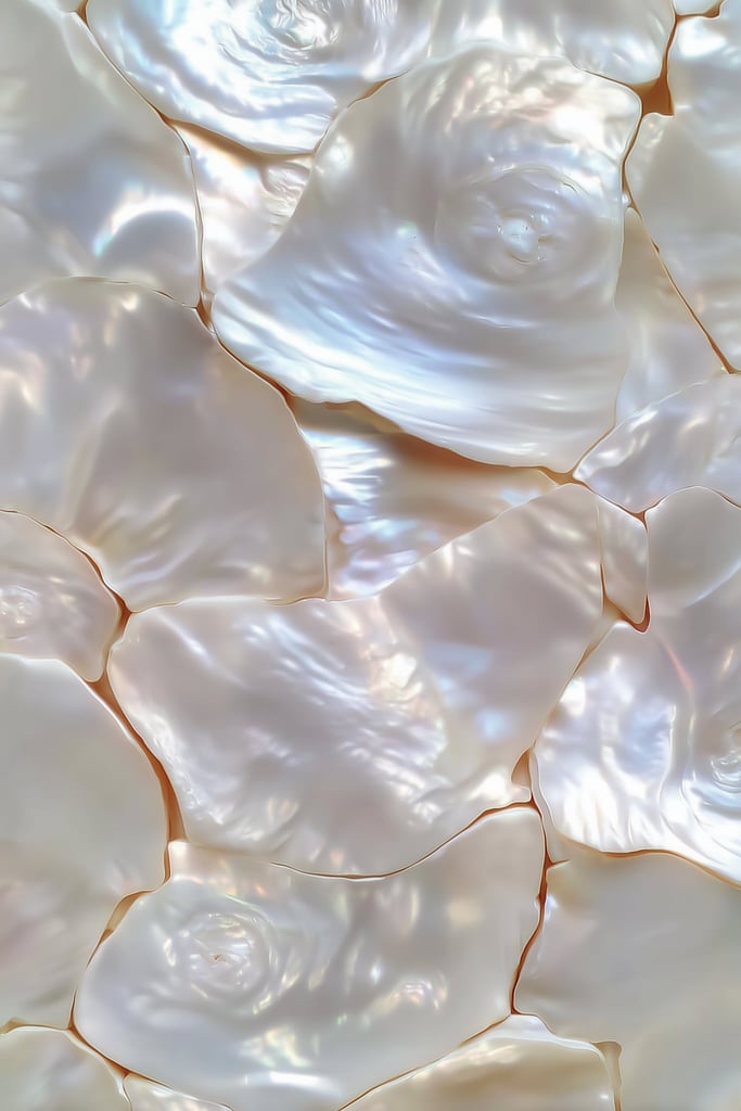 Opalescent Whispers artwork featuring iridescent mother-of-pearl with shimmering swirling shapes in soft hues.